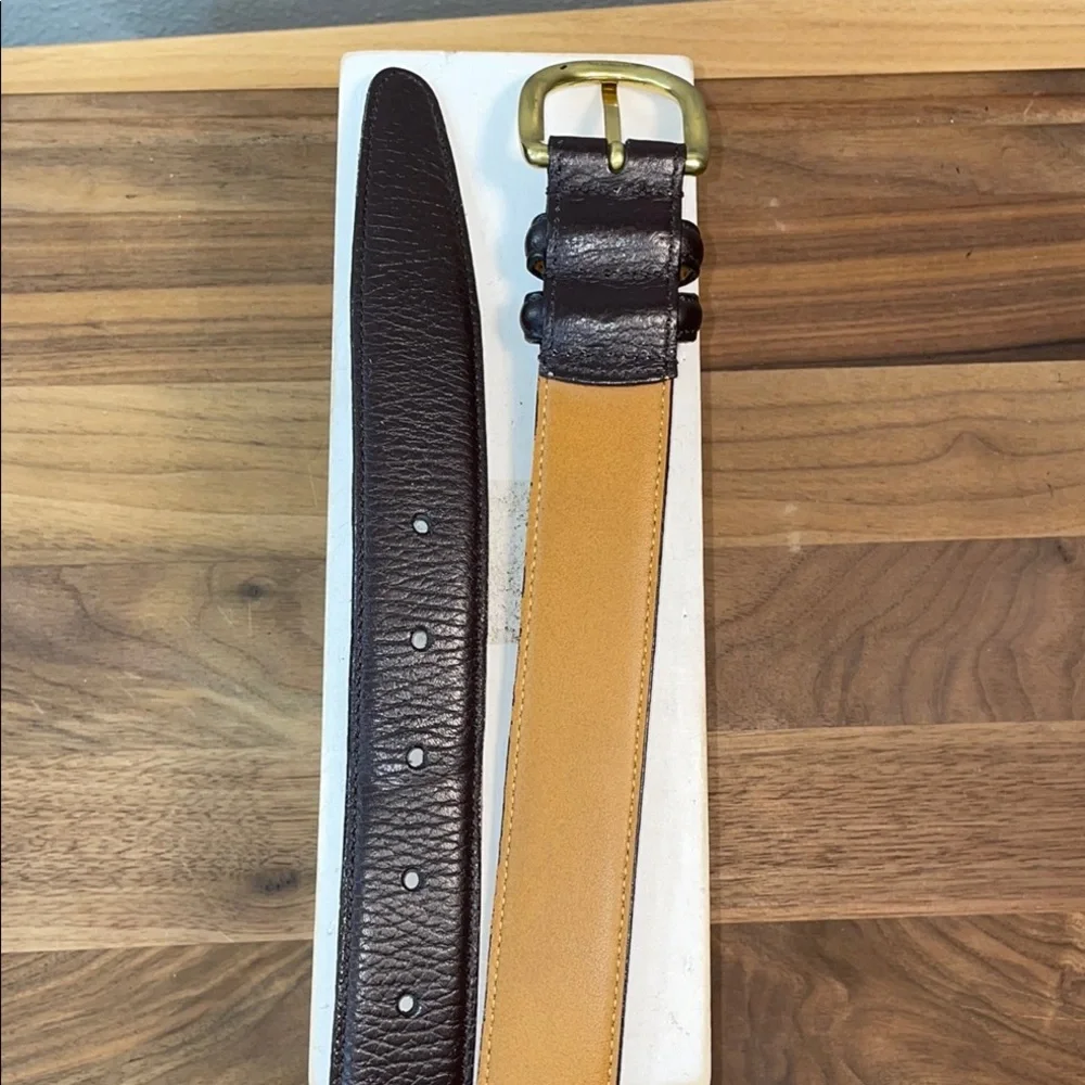 LL Bean Brown Leather Belt Size 38 Brass Buckle Made USA Genuine Leather Classic